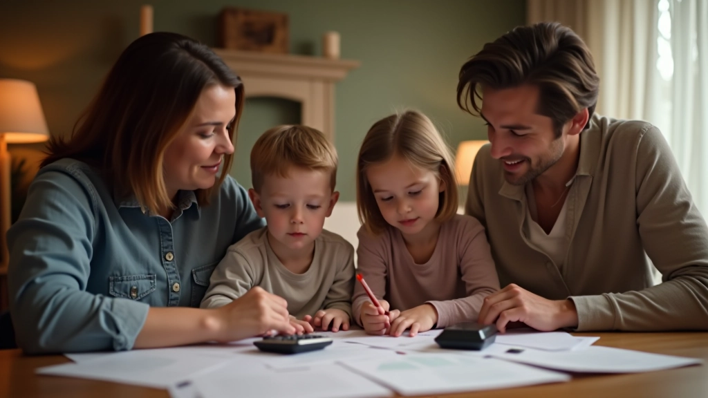 Familie sitzt am Esstisch und bespricht finanzielle Pläne anhand von Dokumenten und Taschenrechner