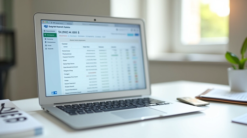 Laptop zeigt ein Online-Banking-Interface mit Tagesgeld-Kontostand, Kreditkarte und Dokumente auf dem Schreibtisch