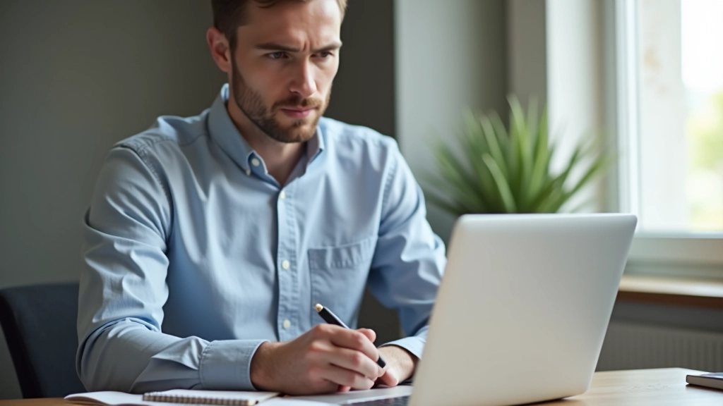 Junger Mann mit Laptop und Notizblock, erstellt einen persönlichen Finanzplan, konzentrierter Blick auf Budget-Spreadsheet