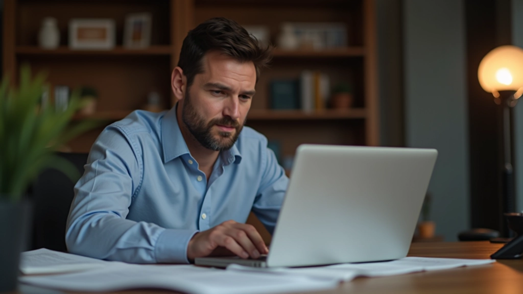 Selbstständiger arbeitet am Laptop und überprüft Geschäftsfinanzen und Einnahme-Ausgabe-Aufstellung