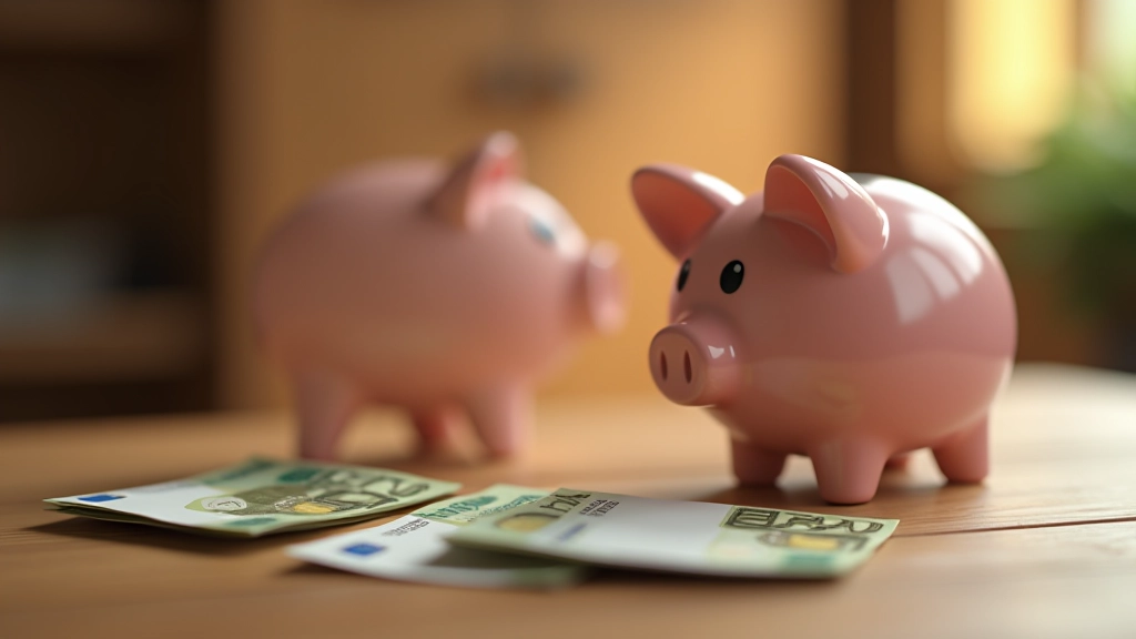 Spardose und Geldscheine auf einer Tabelle mit Finanzplanung, symbolisiert finanzielle Sicherheit und Sparziele