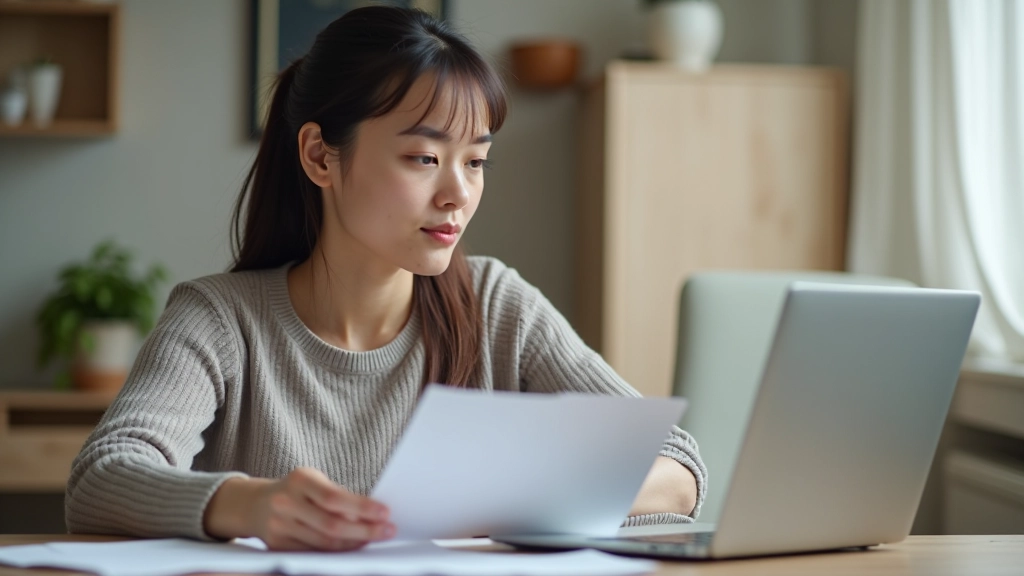 Junge Frau schaut auf Laptop und überprüft ihr Sparkonto und Budgetplan