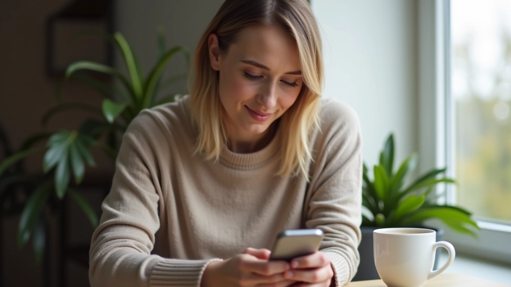 Frau schaut auf ihr Smartphone mit Finanz-App, Kaffee am Tisch, konzentrierter Blick auf persönliche Finanzen