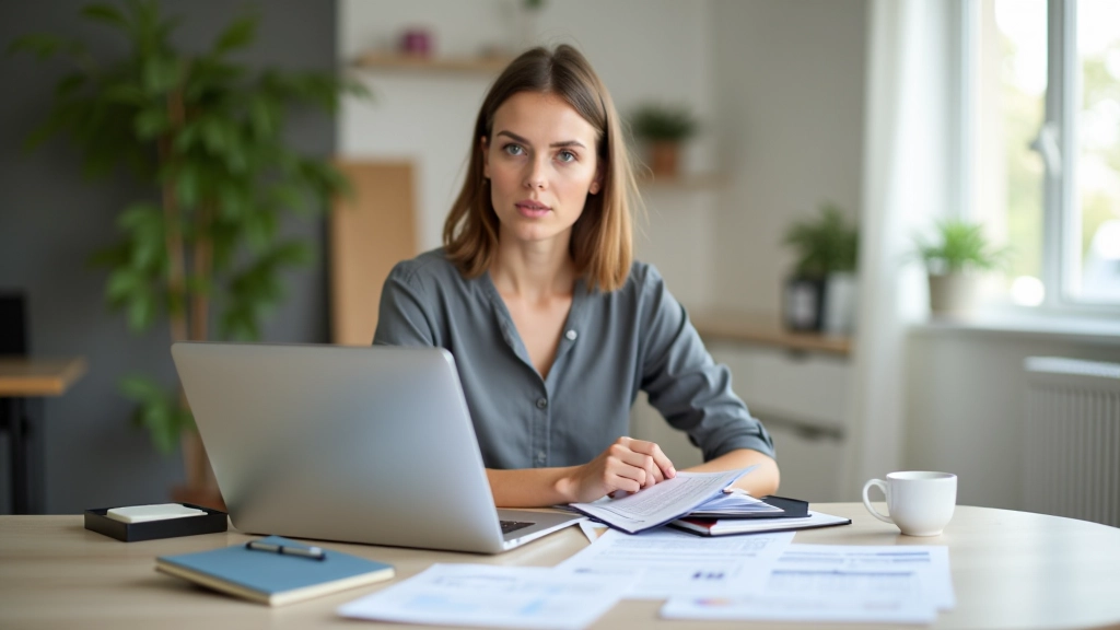Frau sitzt am Schreibtisch mit Laptop und Finanzunterlagen, organisiert ihre Ersparnisse